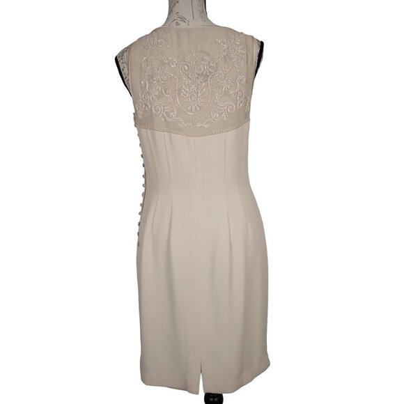 Donna Morgan | Beaded Embroidered Sheer Crepe Sheath Dress Beige  |  Size 10 - Picture 6 of 10